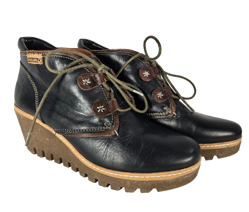 Pikolinos Maple Black Leather Lace Up Wedge Ankle Booties Womens Size EU 37 US 7